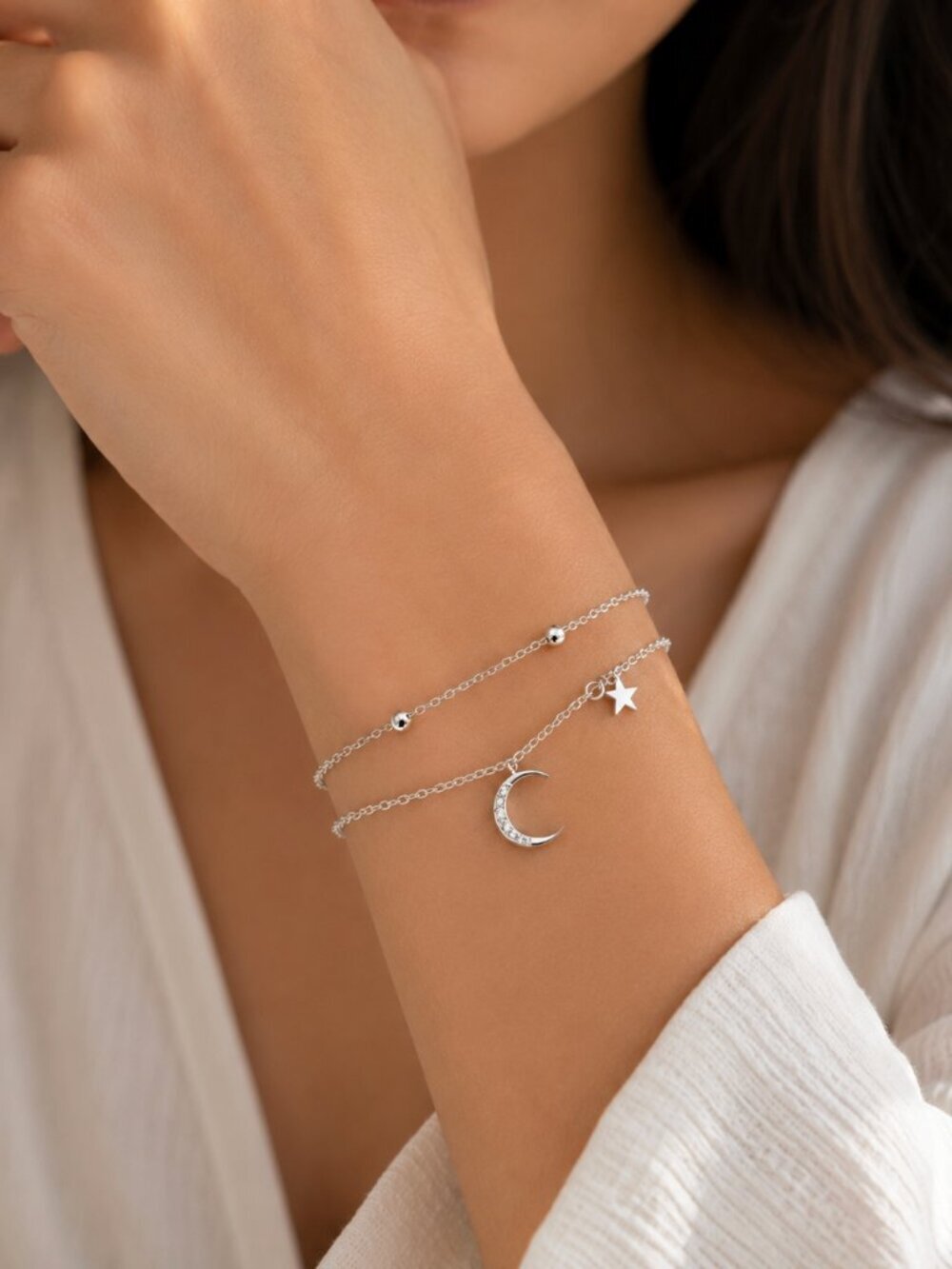 925 Sterling Silver Multi-Layer Bracelet Dainty Moon and Star Bracelet